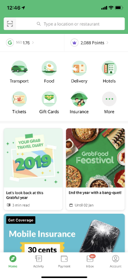 Grab homescreen with insurance