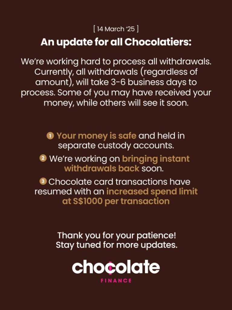 chocolate finance resumes withdrawals